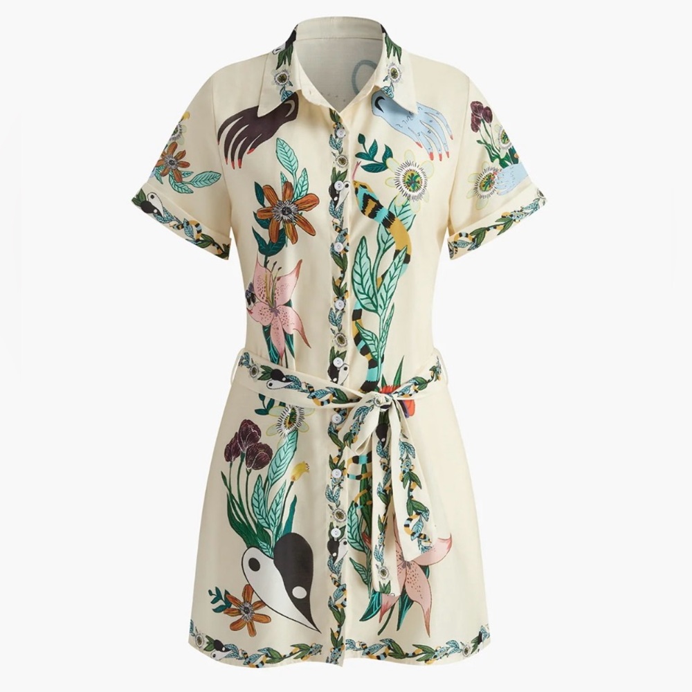 Commense Print Collared Belted Short Dress, Size M